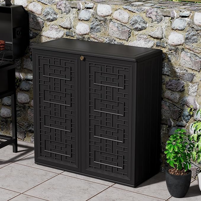 Outdoor Storage Cabinet Waterproof with Shelf,Resin Storage Sheds Outdoor Cabinets for tub Towels/Chemicals/Grill Items/Patio/Garden/Backyard, Size 34.3''L*15''W*36.2''H（Black） - Image 2