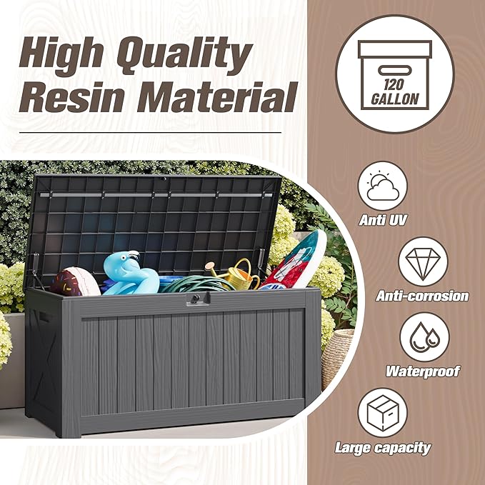 JUMMICO 120 Gallon Resin Deck Box, Large Outdoor Storage Box Waterproof & Lockable for Garden, Patio, Pools (Gray) - Image 3