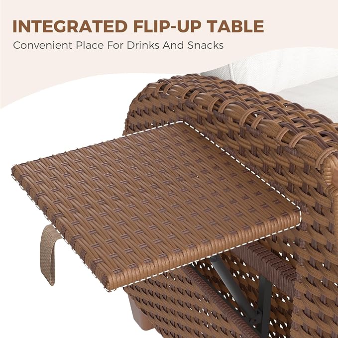 Grand patio Outdoor Recliner Air Pump 150° Lay Flat Reclining Chair with Independent Adjustable Back and Footrest Removable Olefin Cushion Flip-Up Table Wicker Creamy White 2PCS - Image 6