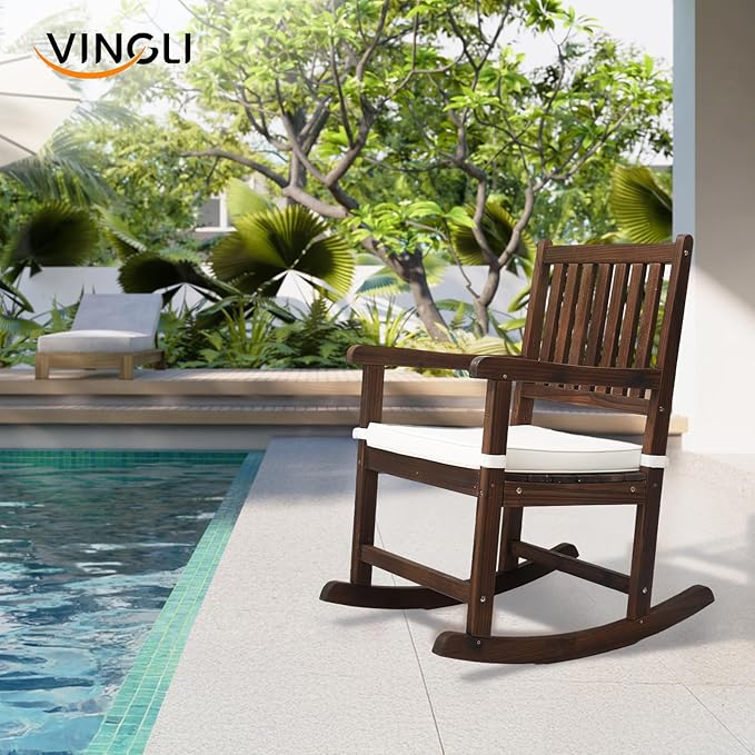 VINGLI Outdoor Rocking Chair, Weatherproof Rocker with Cushion, Wooden Rocking Bench Support 450 LBS for Patio, Yard, Garden, Outdoor or Indoors, Rustic - Image 7
