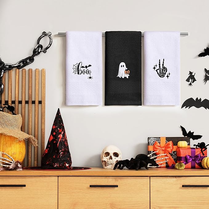 3 Pcs Halloween Hand Towels for Bathroom, Boo Ghost Black White Embroidered - Image 5