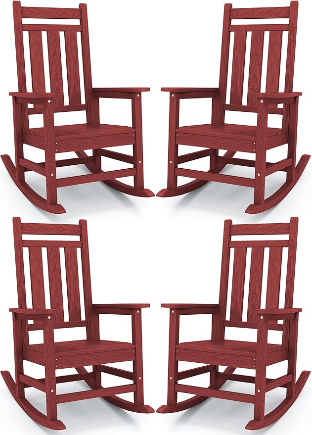 KINGYES Oversized Outdoor Rocking Chair Set of 4, All-Weather Patio Rocking Chairs for Porch, HDPE Outdoor Patio Rockers with High Back & Wide Seat for Garden, Lawn, Red by KINGYES