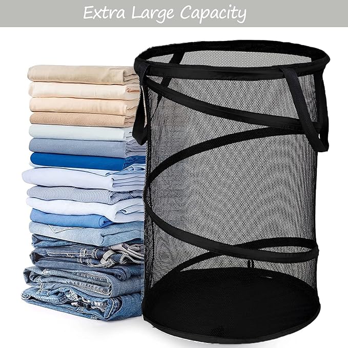BATTOO 2 Pack Black X-Large Collapsible Laundry Basket Foldable Mesh Pop Up - Image 3