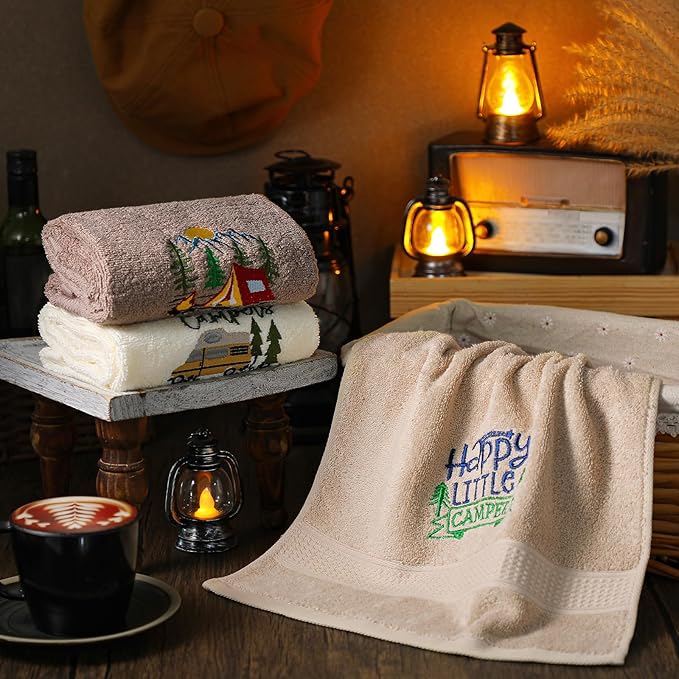 Kitchen 3 Pcs Camping Themed Hand Towels Embroidered Happy Camping Bathroom - Image 4