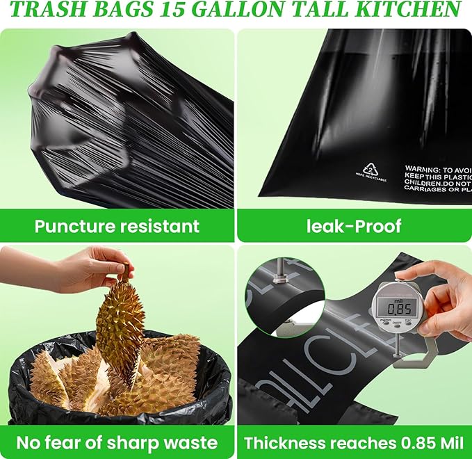 Trash Bags 15 Gallon Tall Kitchen Drawstring Garbage Bags, Fit 13-15 Gal Bins - Image 2