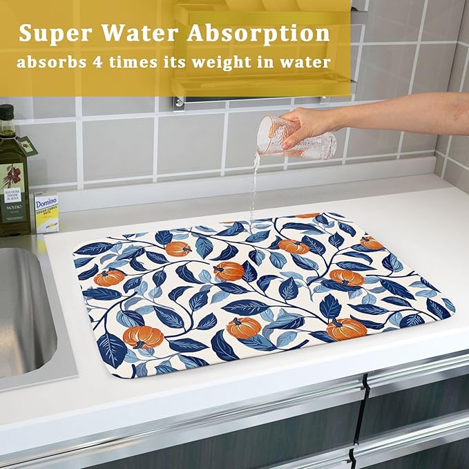 Autumn Pumpkin Dish Drying Mat for Kitchen Counter 18x24 Inch Blue and Orange - Image 7