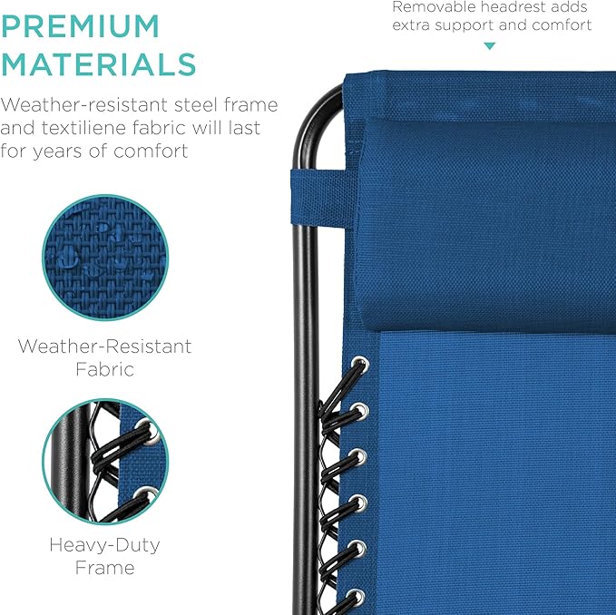 Best Choice Products Set of 2 Adjustable Steel Mesh Zero Gravity Lounge Chair Recliners w/Pillows and Cup Holder Trays - Marine Blue/Black - Image 6