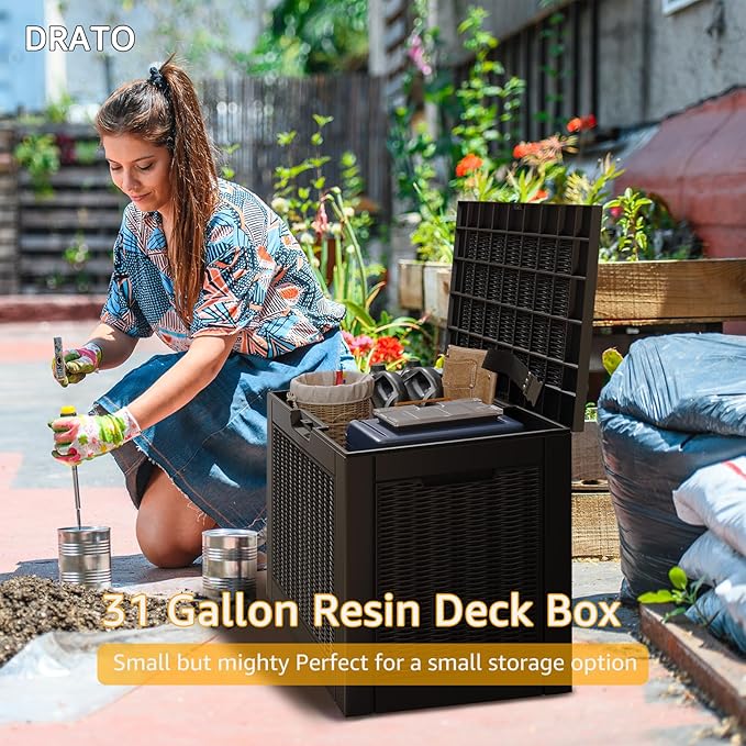 DRATO 31 Gallon Deck Box, Outdoor Storage Box for Patio Cushion, Garden Tools, Waterproof Resin Storage Box (Black，31 Gallon) - Image 4