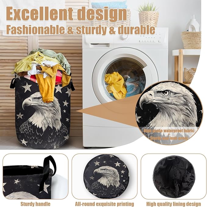 Black Eagle Laundry Basket, Foldable Waterproof Laundry Hamper Tote Bag Dirty - Image 4