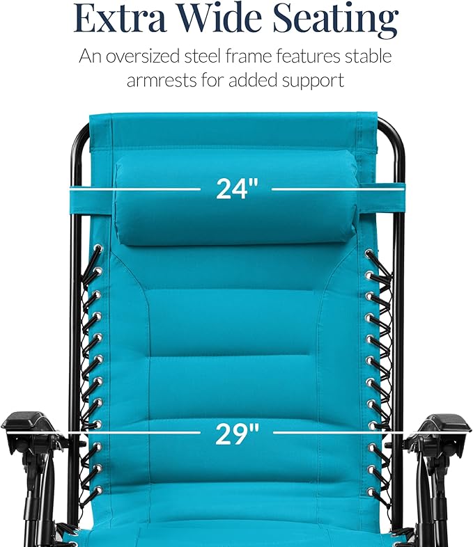 Best Choice Products Oversized Padded Zero Gravity Chair, Folding Outdoor Patio Recliner, XL Anti Gravity Lounger for Backyard w/Headrest, Cup Holder, Side Tray, Polyester Mesh - Aqua Blue - Image 3
