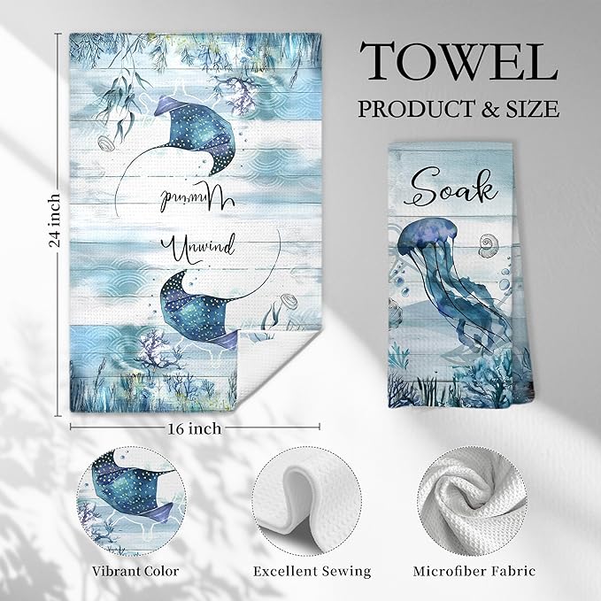 Nautical Hand Towels, Coastal Beach Bathroom Decor, Manta Ray Octopus Jellyfish - Image 2