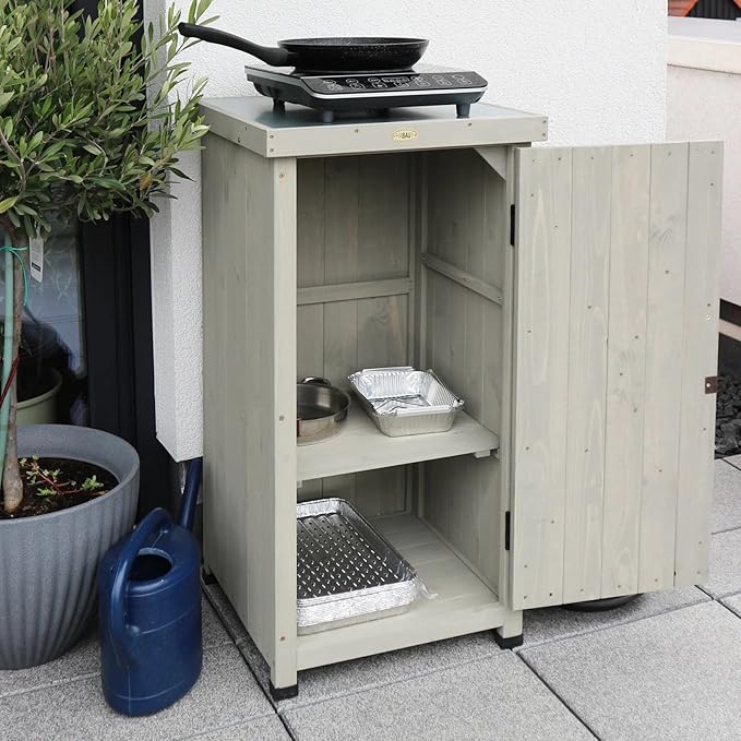 Outdoor Storage Cabinet for Patio, Garden Potting Bench Table with Shelves & Metal-Tabletop, Wooden Planting Work Station, Weatherproof - Image 6