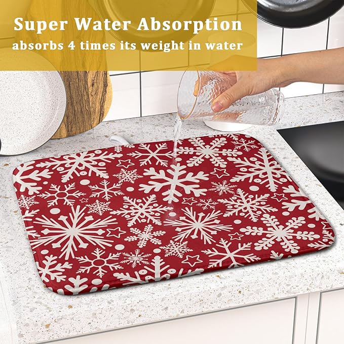 Christmas Dish Drying Mat for Kitchen Counter 16x18 Dark Red Snowflake Winter - Image 7
