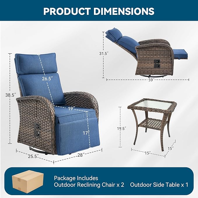 3 Pieces Zero Gravity Patio Swivel Rocking Recliner Chairs Set of 2 - Wicker Outdoor Lounge Chair with Side Table, Adjustable Backrest & Footrest, High Back Outdoor Recliner Chair for Pool Deck Blue - Image 2