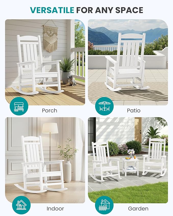 SERWALL Oversized Outdoor Rocking Chair, All-Weather Patio Rocking Chair, HDPE Porch Rocker for Adults, White - Image 9