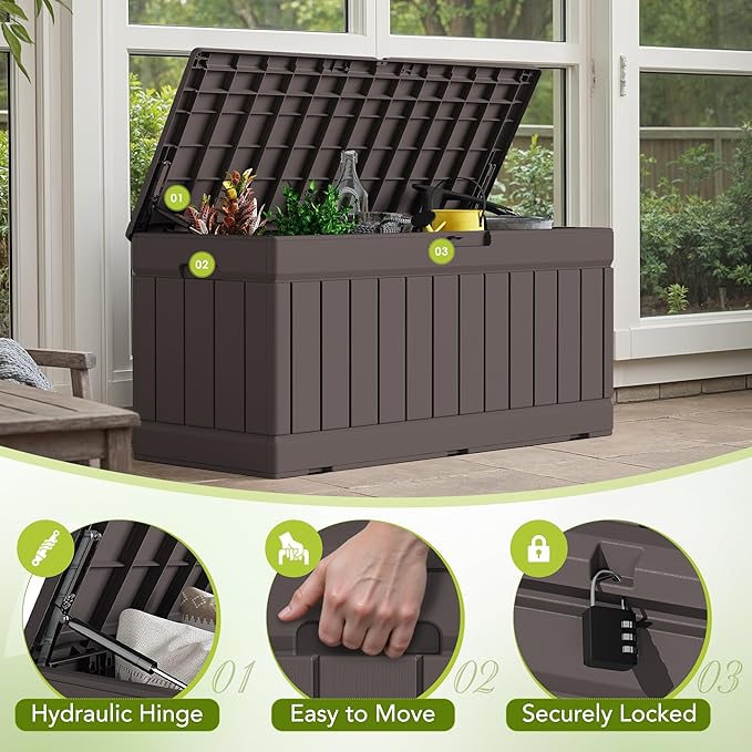 Devoko 78 Gallon Deck Box, Waterproof Resin Outdoor Storage Box for Outside and Patio, Outdoor Storage Bench Lockable for Patio Furniture, Garden Tools and Pool Supplies (Brown, 78 Gallon) - Image 2