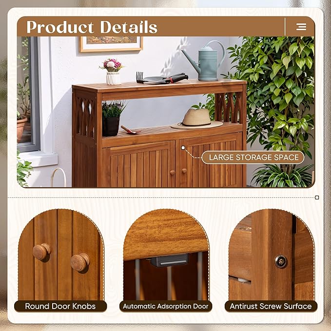 Flamaker Outdoor Storage Cabinet Weatherproof Acacia Wood Outdoor Cabinet with 2 Magnetic Doors Used for Outdoor Storage, Buffet Cabinet, TV Stand, Bar Table, Potting Table (Brown) - Image 4