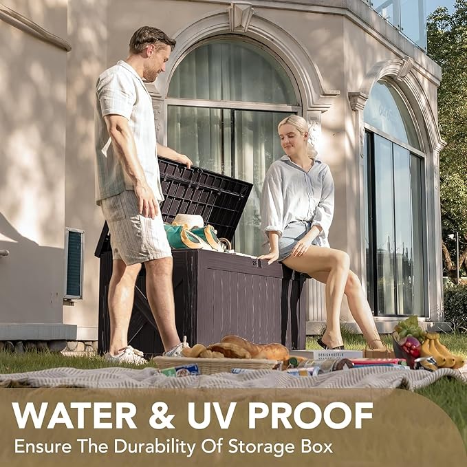 Devoko 120 Gallon Deck Box Resin Outdoor Storage Box Waterproof for Patio, Large Outdoor Storage Bench Lockable for Outside (Deep Brown) - Image 2