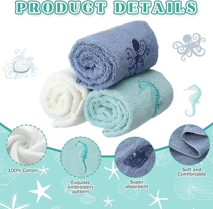3 Pack Coastal Hand Towels for Bathroom 100% Cotton Embroidered Bathroom Towels - Image 3