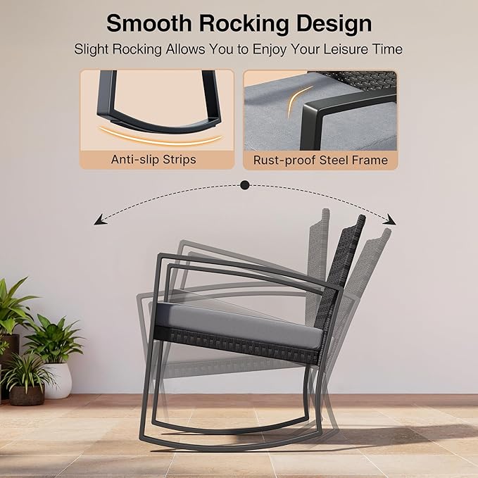 3 Pieces Outdoor Patio Furniture Set Rocking Bistro Set Outdoor Rattan Conversation with Coffee Table for Garden Balcony Backyard Poolside (Grey Cushion) - Image 3