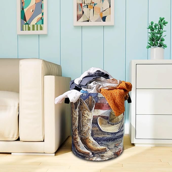 Cowboy Hat Boots Laundry Basket American Flag Oxford Cloth Laundry Hamper - Image 7