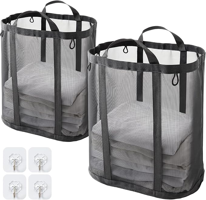 Mesh Laundry bag with Handles, 42L Collapsible Laundry Basket with 2 Hooks by TECHMILLY