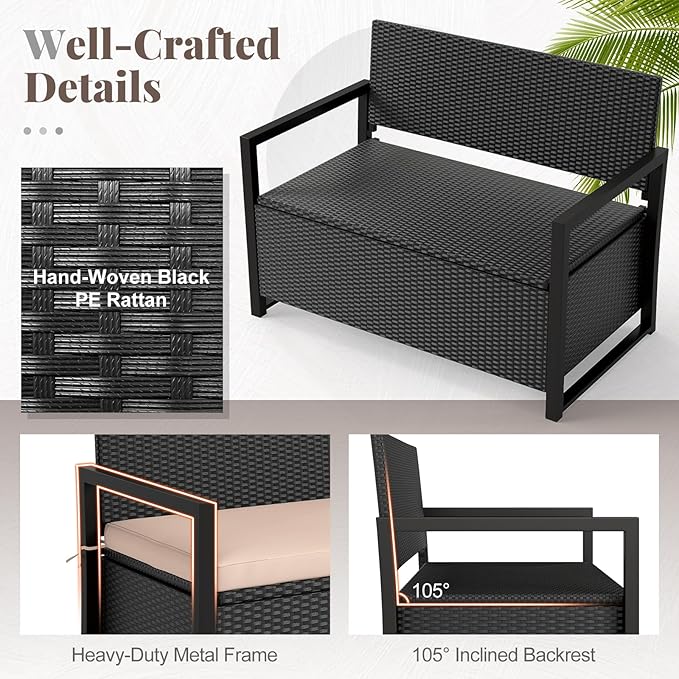 RELAX4LIFE Wicker Outdoor Bench with Storage - Rattan Deck Box w/Protective Liner for Pillows, Pool Supplies, Garden Tools, Patio Loveseat with Seat Cushion & Metal Armrests for Backyard Porch Balcony - Image 7