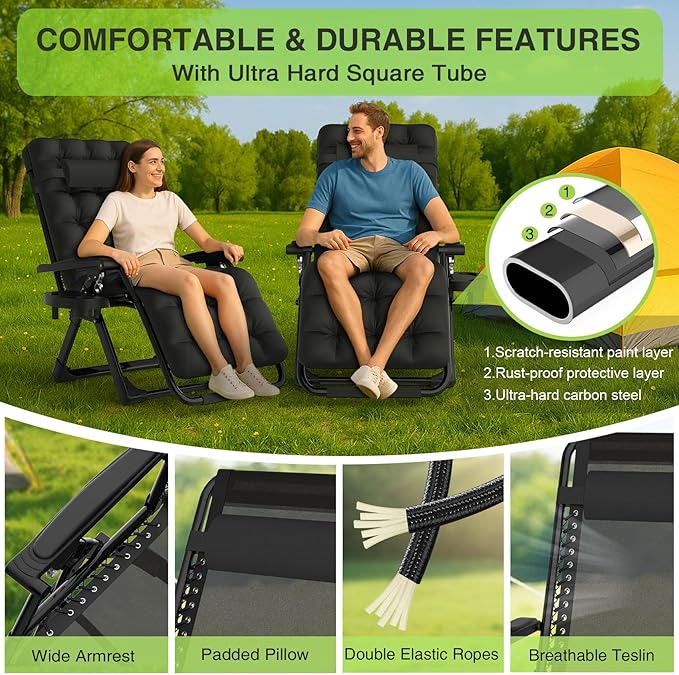 Suteck Zero Gravity Chair Set of 2, Reclining Camping Lounge Chair w/Removable Cushion, Upgraded Lock and Cup Holder, Reclining Patio Chairs Folding Recliner for Indoor and Outdoor - Image 5