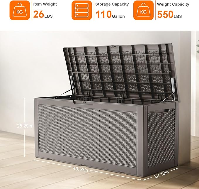 ROJIK Outdoor Storage Housing Deck Box - Waterproof Patio Furniture, Garden Tools, Cushions, Pool Accessories Storage Bench with Lockable Lid and Side Handles (Grey 110 Gal) - Image 5