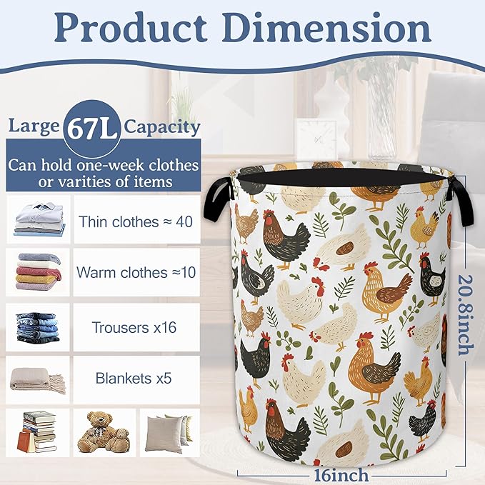 Rooster Hen Chick Laundry Basket, Foldable Waterproof Oxford Cloth Tote Bag - Image 2