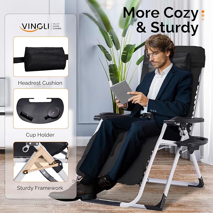VINGLI Padded Zero Gravity Chair, Lounge Chair with Removable Cushion & Tray， Folding Reclining Patio Chairs， Recliner Chair for Lawn，Indoor Outdoor-Black - Image 4