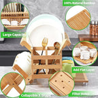 Bamboo Dish Drying Rack with Utensil Holder, Collapsible Wooden Dish Drainer - Image 4