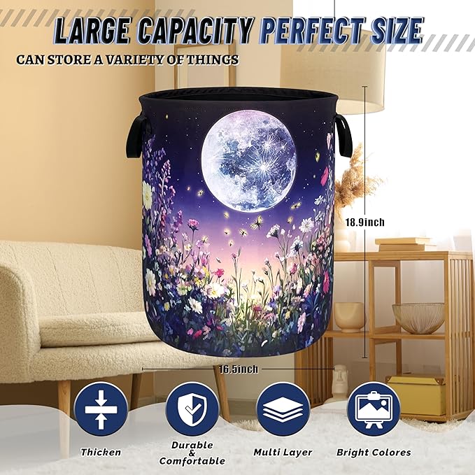 Moon Laundry Basket Oxford Cloth Night Sky Colorful Floral Butterfly Laundry - Image 3