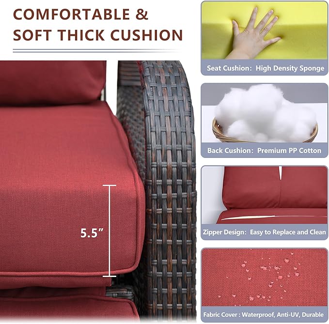 Outdoor Recliner, Outdoor Resin Wicker Patio Recliner Chair with 5.5'' Cushions, Patio Furniture Auto Adjustable Rattan Sofa, UV/Fade/Water/Sweat/Rust Protected, Easy to Assemble (Red) - Image 4