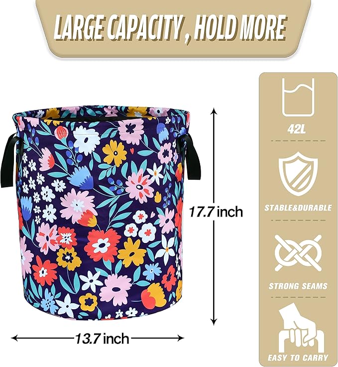 Folk Floral Art Laundry Basket Beautiful Flowers Foldable Oxford Cloth Funny - Image 4