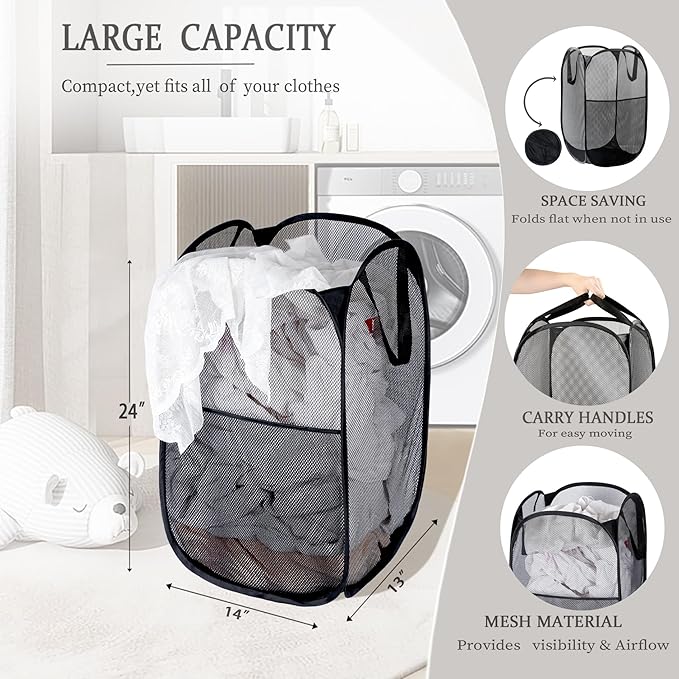 2 Pack Laundry Basket, Foldable Mesh Pop-up Laundry Hamper - Image 4