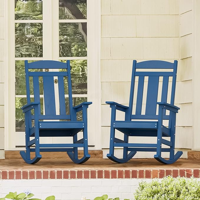 LUE BONA Outdoor Rocking Chairs Set of 2, Weather Resistant Poly Plastic Rocker Chairs, 350lb Heavy Duty, Oversized Porch Rocker for Adult, High Back Smooth Rocking Chairs for Outdoor & Indoor, Blue - Image 3