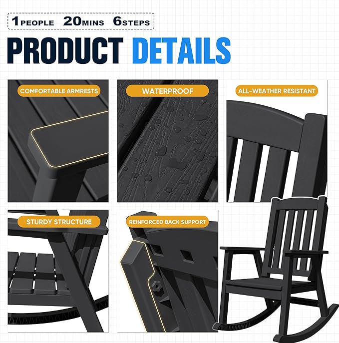 Devoko PP Material Rocking Chair Outdoor Indoor All Weather High Back Patio Rocker for Adult Heavy Duty Rocking Chair for Patio Backyard Porch Garden (Heavy Duty, Black) - Image 4