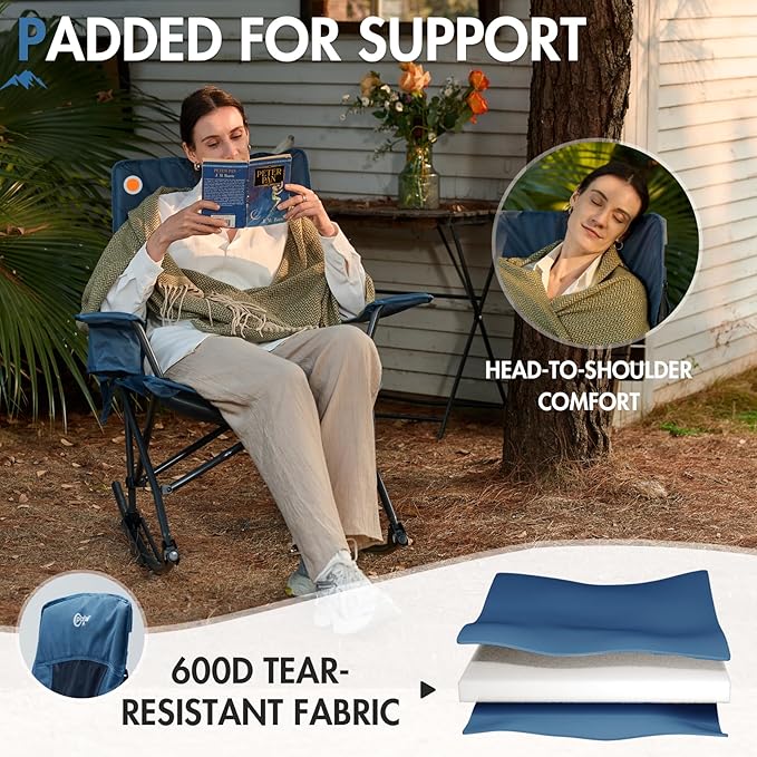 Portal Outdoor Rocking Chair Camping Folding Portable Rocker with Cup Holder Side Pocket Carry Bag, Support 350LBS (Mesh Blue) - Image 4