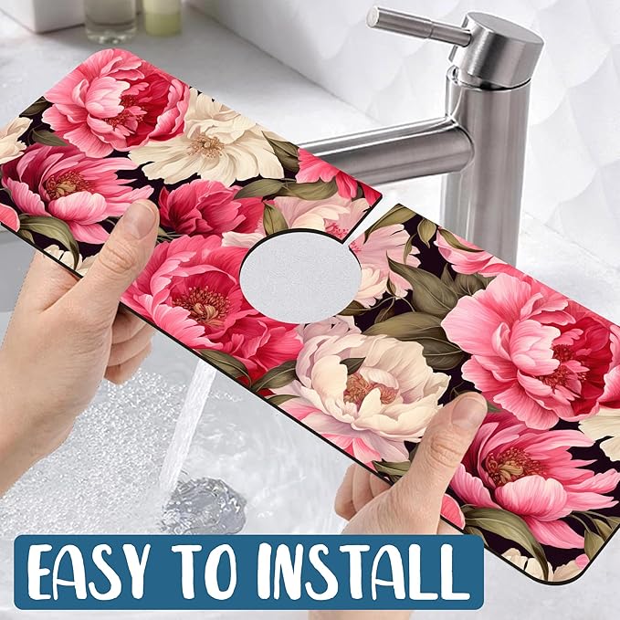 Garden Flowers Sink Splash Guard Faucet Mat Watercolor Peonies Super Absorbent - Image 5