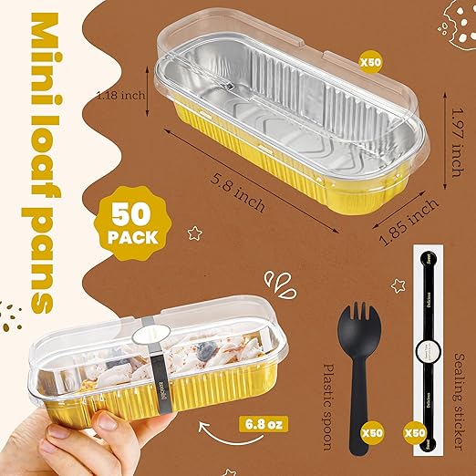 50 Pack Mini Cake Pans with Lids and Spoons Gold Rectangular Aluminum Foil - Image 3
