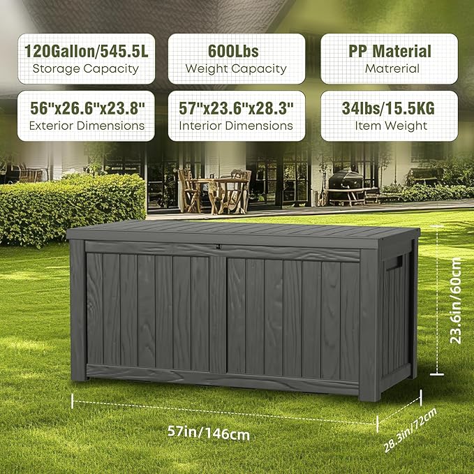 DRATO 120 Gallon Large Deck Box, Outdoor Storage Box for Patio Furniture, Patio Cushions, Gardening Tools, Pool Supplies,660lbs Weight Capacity,Waterproof Resin Storage Boxes（Black，120 Gallon） - Image 6