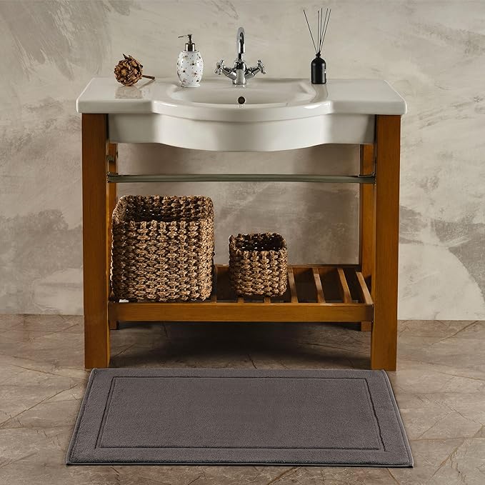 Hawmam Linen Cool Grey Bath Mats, 21 x 34 inches, Banded Design, Highly - Image 2