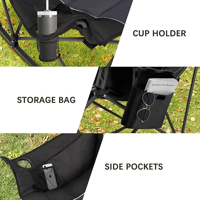 Oversized Rocking Camping Chair with Headrest & Cup Holder - 400lbs Capacity, 600D Oxford Fabric, Easy Fold Portable Outdoor Rocker Chair for Camping, Backyard, Beach, Deep Gray - Image 8