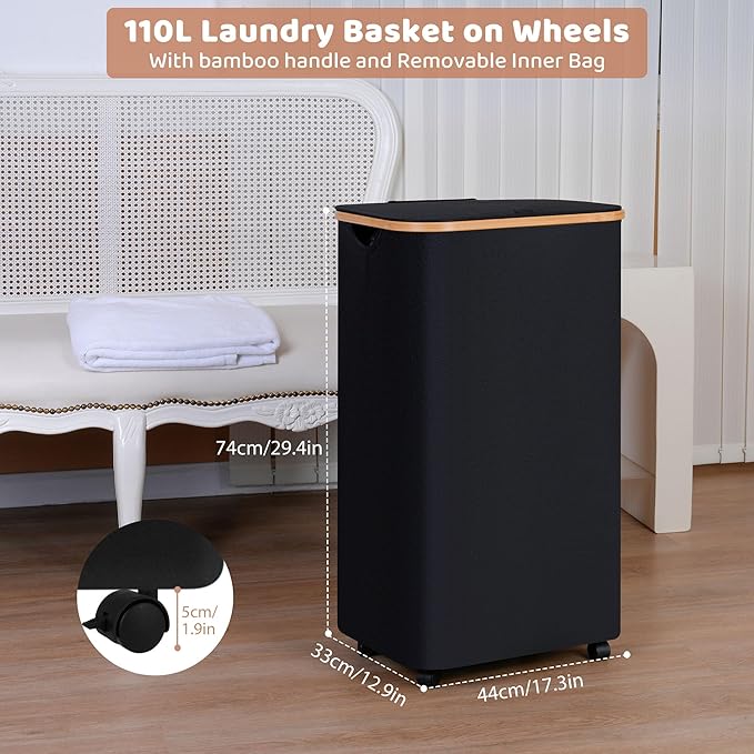 Laundry Basket with Wheels, 110L Black Clothes Hamper - Image 2