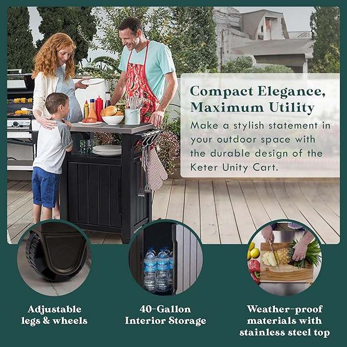 Keter Outdoor Grill Prep Table & Serving Cart, Stainless Steel Top, Unity, 40 Gal, Brown - Portable Bar Table and Cooking Accessory for Pool, Patio, Lawn, and Backyard - Image 3