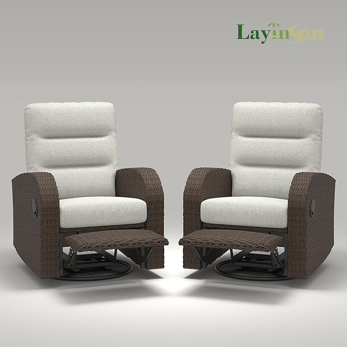 LayinSun Oversized Wicker Outdoor Swivel Glider Recliner with Adjustable Backrest & Footrest, Patio Reclining Lounge Chair - Set of 2 - Image 8