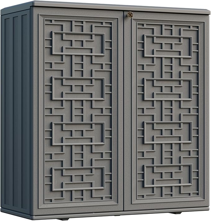Indoor Outdoor Storage Cabinet Waterproof with Shelf,Plastic Storage Sheds Outdoor Cabinets for Patio/Garden/Backyard, Size 34.3''L*15''W*36.2''H（Gray） by Mrosaa