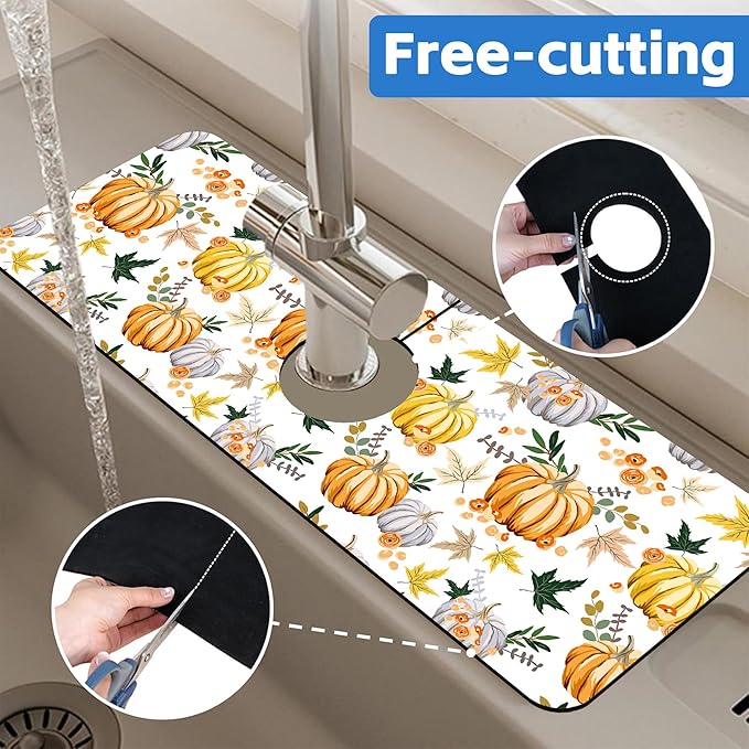 Thanksgiving Sink Faucet Absorbing Mat Pumpkin Floral Leaves Sink Splash Guard - Image 7