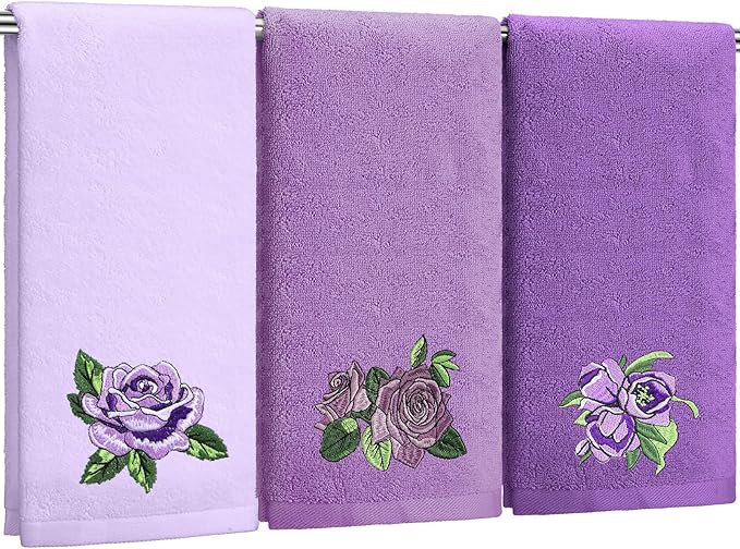 3 Pcs Purple Rose Hand Towels Lavender Purple Bathroom Decor Embroidered Floral by FuWeave